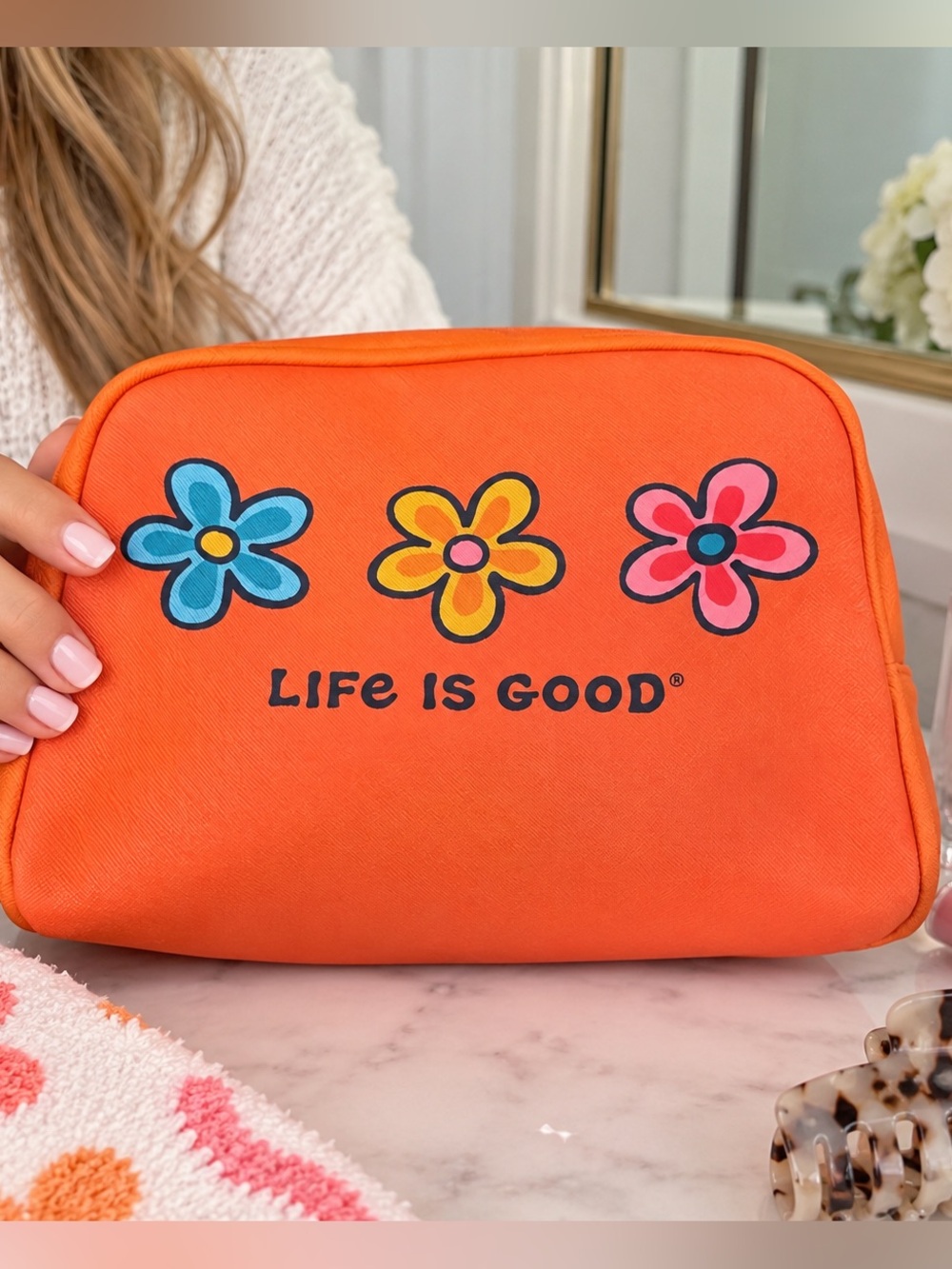Life is Good Retro Flower Cosmetic Makeup Bag Orange
